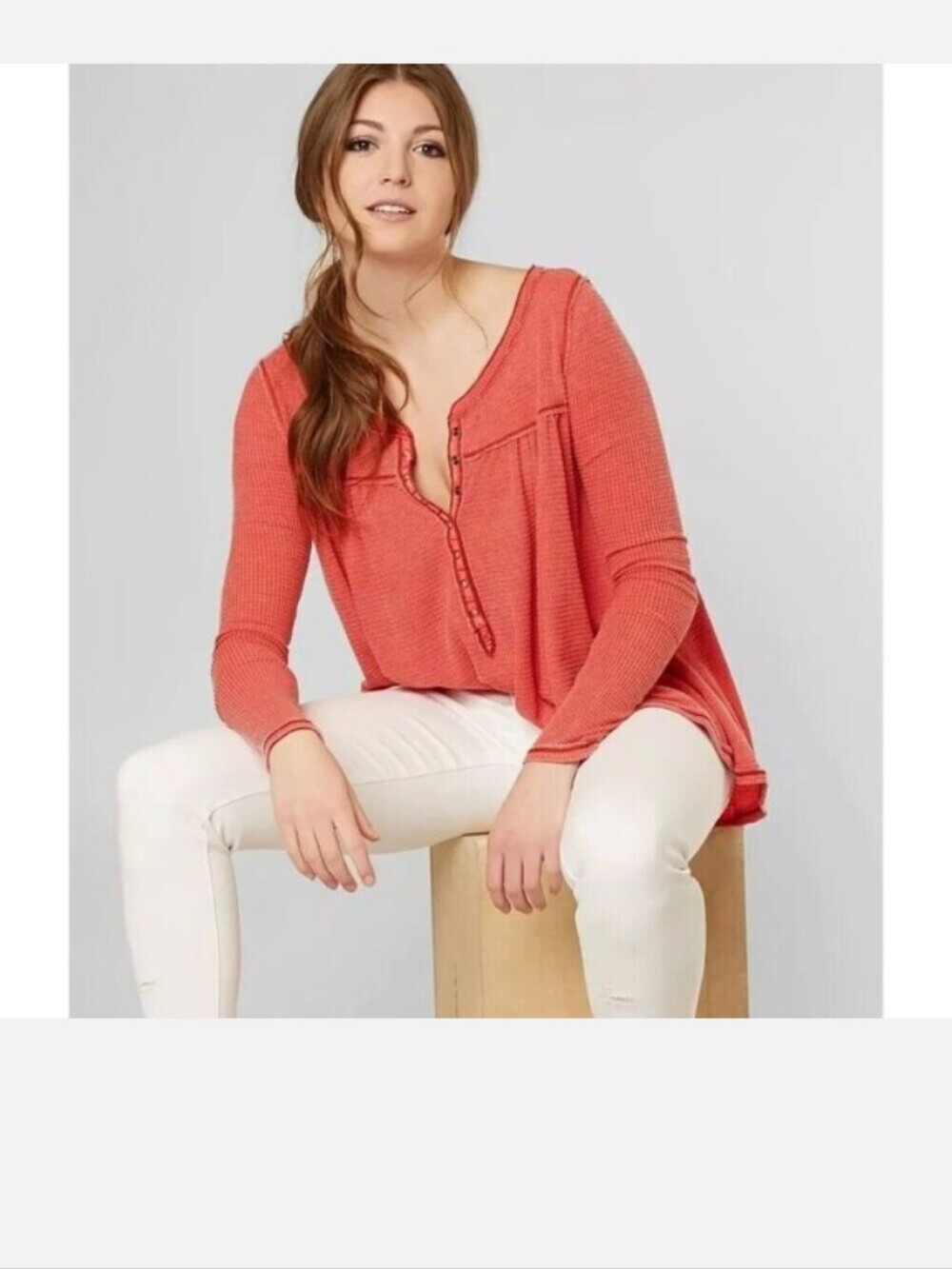 We The Free Kai Coral Long-Sleeve Waffle Henley